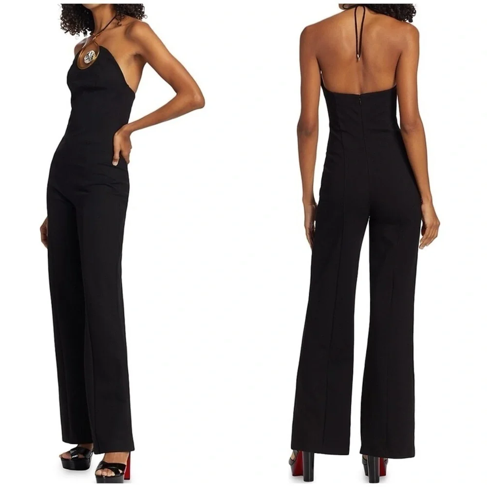 NWT AREA Crystal Cut Out Halter Jumpsuit Brass Glass Jewel Wide Leg Black Sz XL - Picture 2 of 16